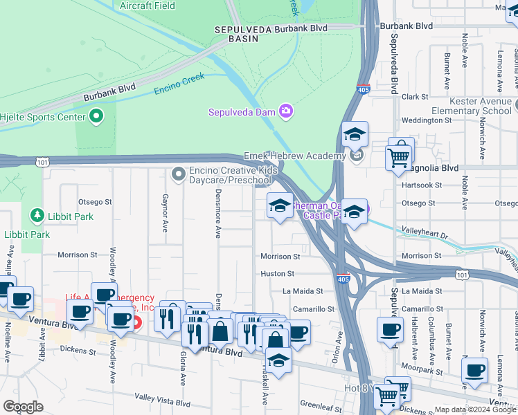 map of restaurants, bars, coffee shops, grocery stores, and more near 5054 Haskell Avenue in Los Angeles