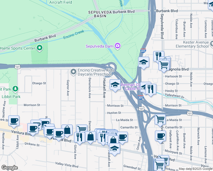 map of restaurants, bars, coffee shops, grocery stores, and more near 5054 Haskell Avenue in Los Angeles