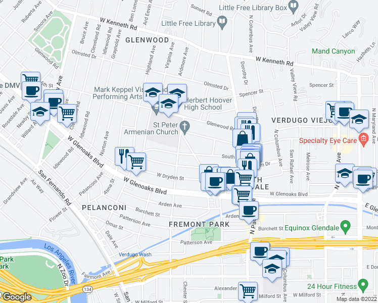map of restaurants, bars, coffee shops, grocery stores, and more near 1159 North Kenilworth Avenue in Glendale