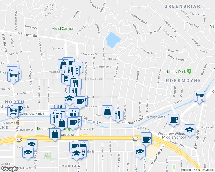 map of restaurants, bars, coffee shops, grocery stores, and more near 1122 Campbell Street in Glendale