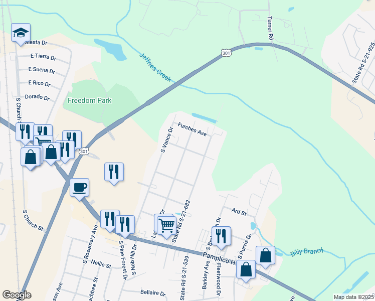 map of restaurants, bars, coffee shops, grocery stores, and more near 2302 Lakeview Drive in Florence