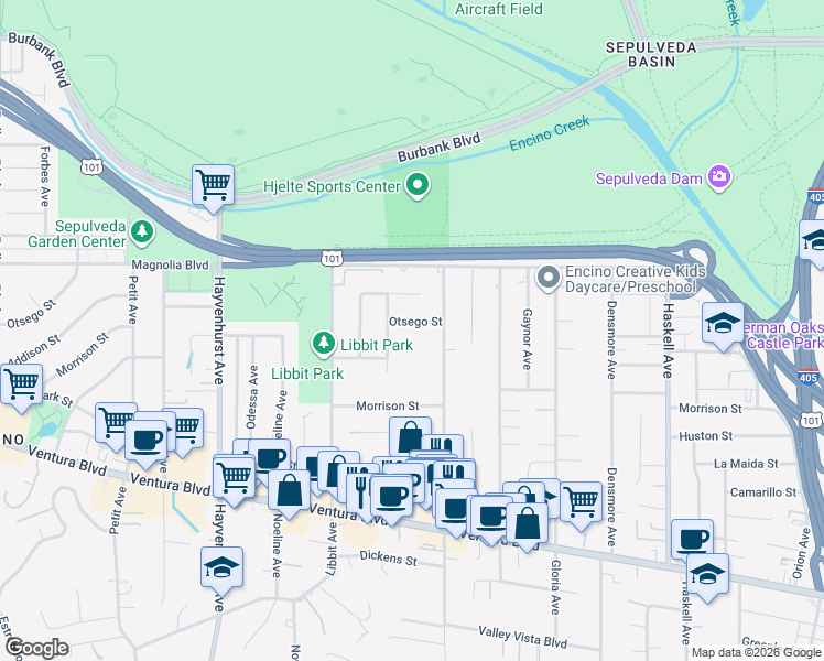map of restaurants, bars, coffee shops, grocery stores, and more near 16130 Otsego Street in Los Angeles