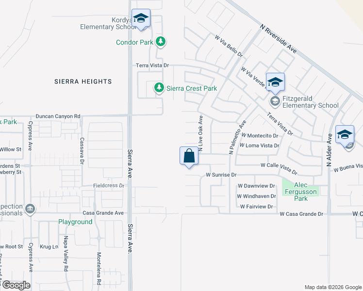 map of restaurants, bars, coffee shops, grocery stores, and more near 3444 North Flame Tree Avenue in Rialto