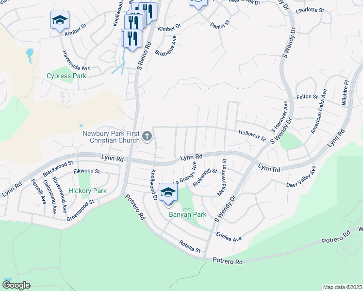 map of restaurants, bars, coffee shops, grocery stores, and more near 861 Boxthorn Avenue in Thousand Oaks