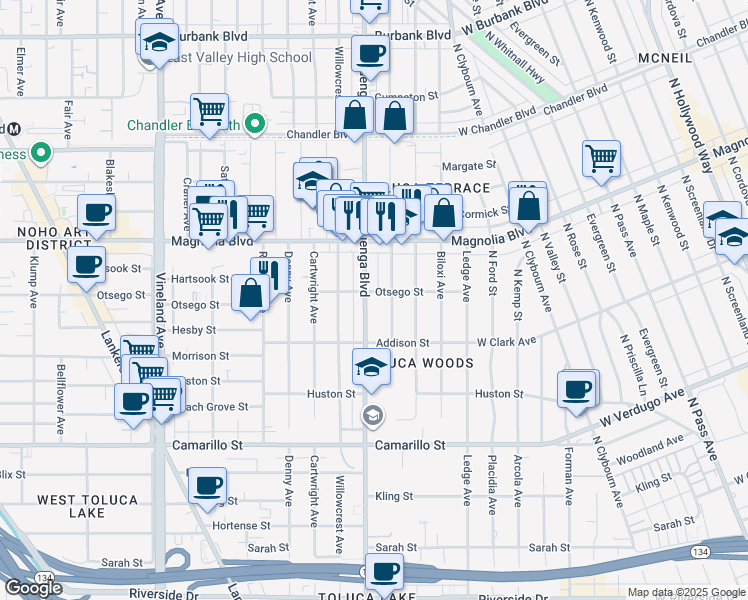 map of restaurants, bars, coffee shops, grocery stores, and more near 5050 Cahuenga Boulevard in Los Angeles