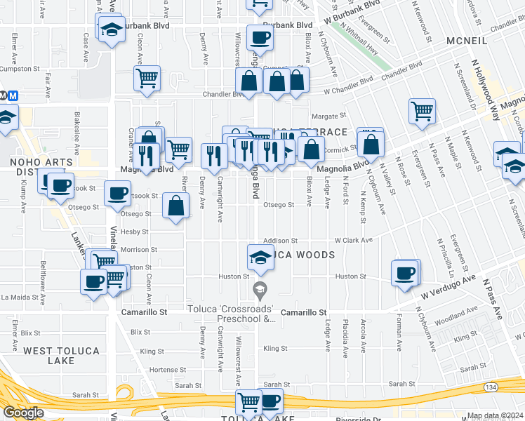 map of restaurants, bars, coffee shops, grocery stores, and more near 5050 Cahuenga Boulevard in Los Angeles