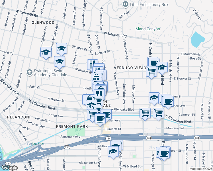 map of restaurants, bars, coffee shops, grocery stores, and more near 421 Palm Drive in Glendale