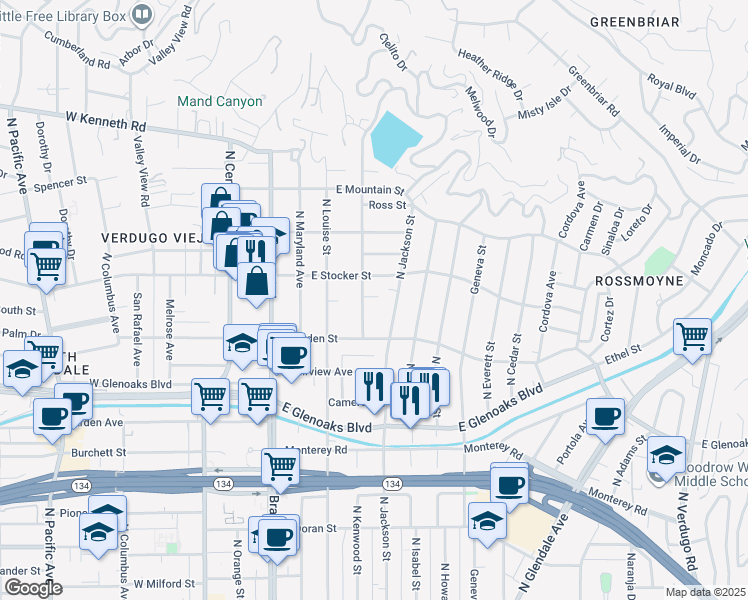 map of restaurants, bars, coffee shops, grocery stores, and more near 1134 Campbell Street in Glendale