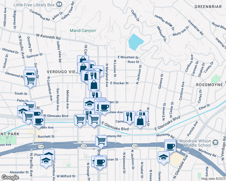 map of restaurants, bars, coffee shops, grocery stores, and more near 1137 North Louise Street in Glendale