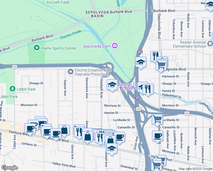 map of restaurants, bars, coffee shops, grocery stores, and more near 5046 Haskell Avenue in Los Angeles