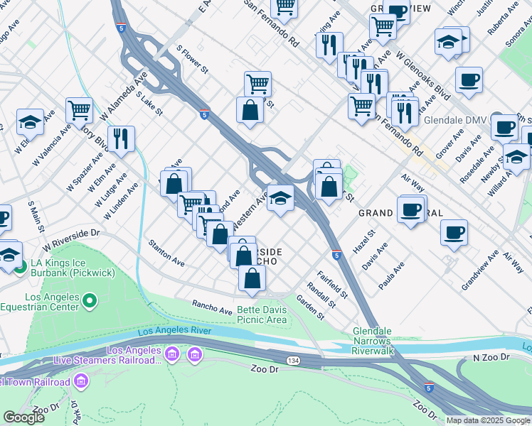 map of restaurants, bars, coffee shops, grocery stores, and more near 1640 Lake Street in Glendale
