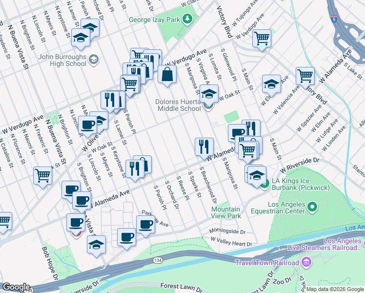 map of restaurants, bars, coffee shops, grocery stores, and more near 408 South Sparks Street in Burbank