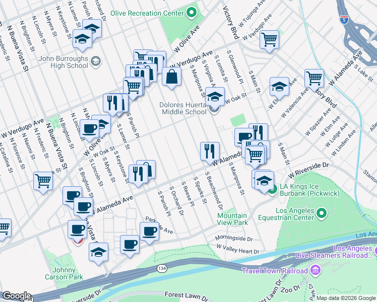 map of restaurants, bars, coffee shops, grocery stores, and more near 408 South Sparks Street in Burbank