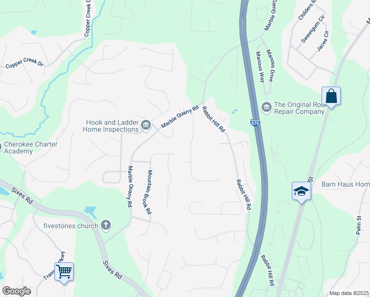 map of restaurants, bars, coffee shops, grocery stores, and more near 1755 Mountain Trace in Canton
