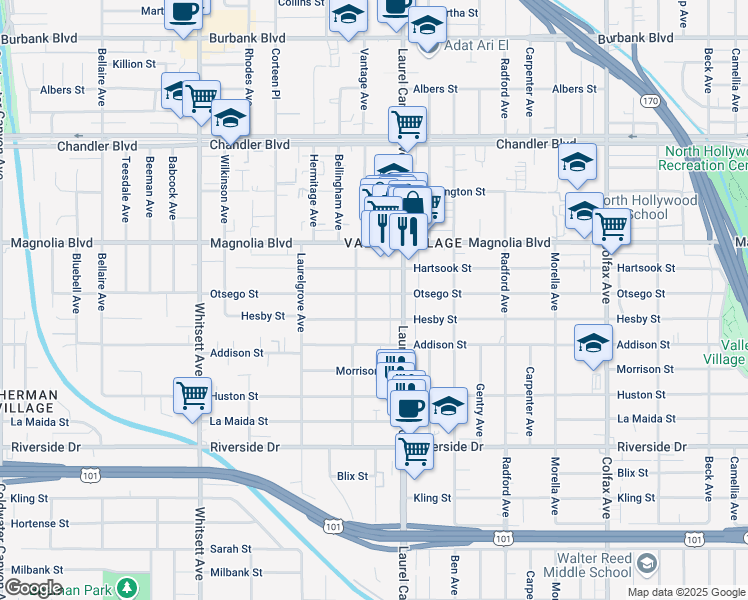 map of restaurants, bars, coffee shops, grocery stores, and more near 12132 Otsego Street in Los Angeles