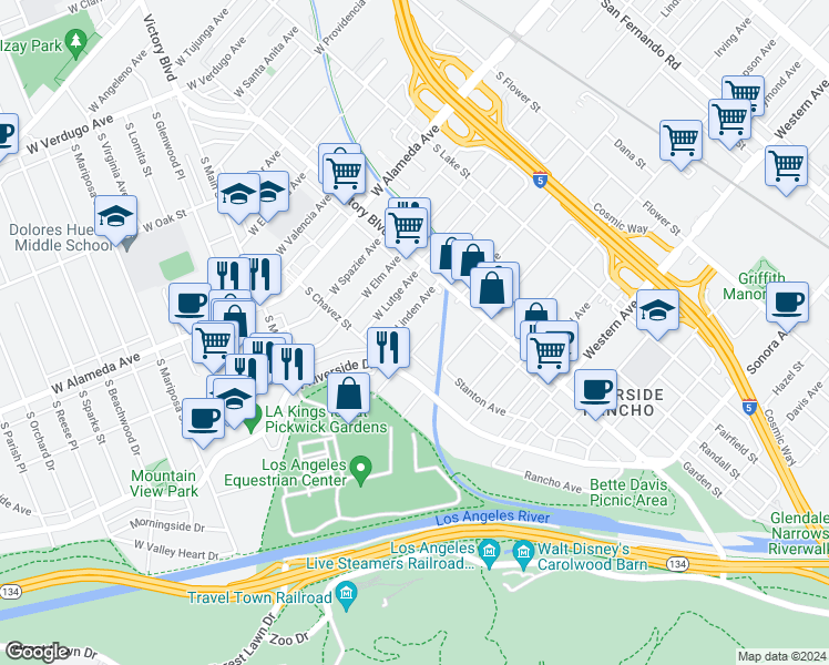 map of restaurants, bars, coffee shops, grocery stores, and more near 201 Allen Avenue in Glendale