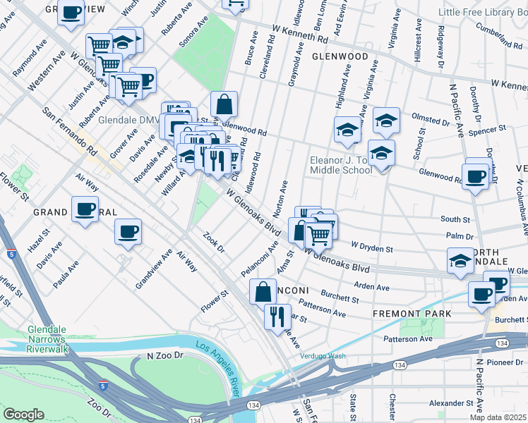 map of restaurants, bars, coffee shops, grocery stores, and more near 981 West Glenoaks Boulevard in Glendale