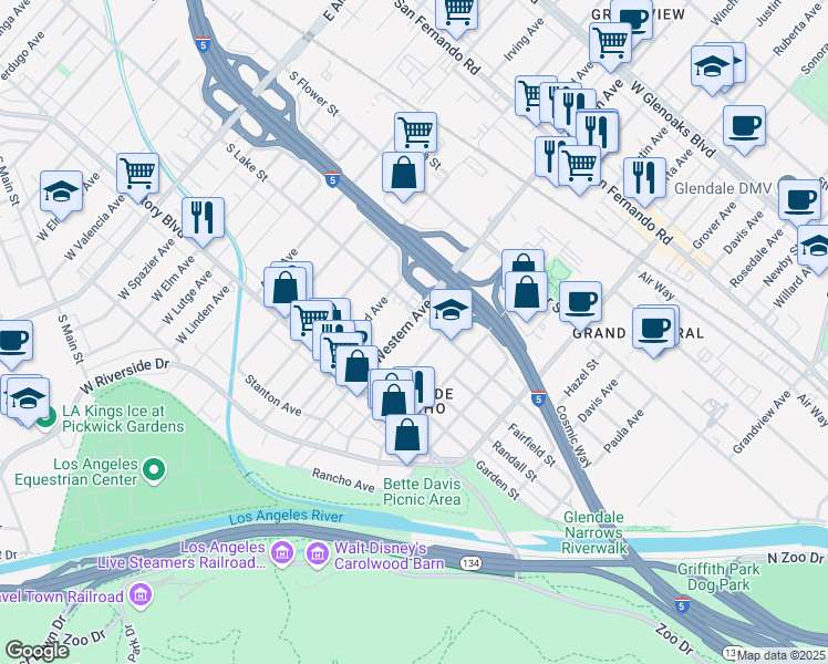 map of restaurants, bars, coffee shops, grocery stores, and more near in Glendale