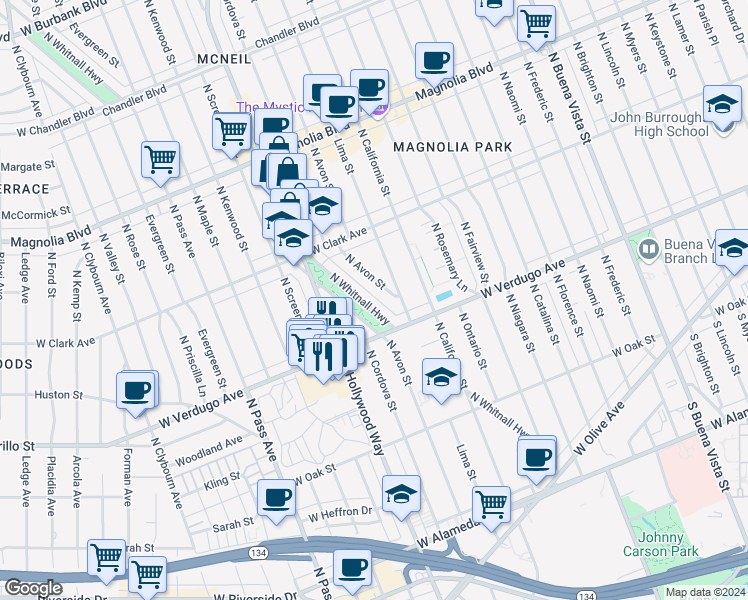 map of restaurants, bars, coffee shops, grocery stores, and more near 638 North Whitnall Highway in Burbank