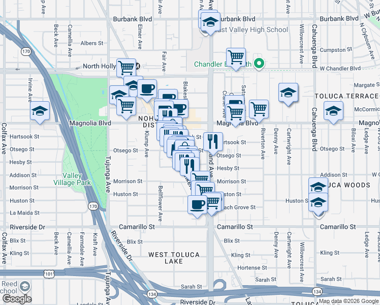 map of restaurants, bars, coffee shops, grocery stores, and more near 11104 Otsego Street in Los Angeles
