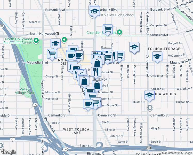 map of restaurants, bars, coffee shops, grocery stores, and more near 10942 Otsego Street in Los Angeles
