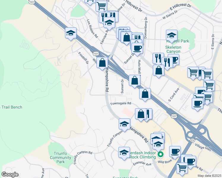 map of restaurants, bars, coffee shops, grocery stores, and more near 326 Hampshire Road in Thousand Oaks