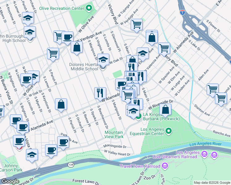 map of restaurants, bars, coffee shops, grocery stores, and more near 1205 West Alameda Avenue in Burbank