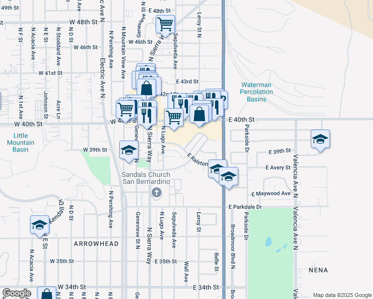 map of restaurants, bars, coffee shops, grocery stores, and more near 203 Sonora Drive in San Bernardino