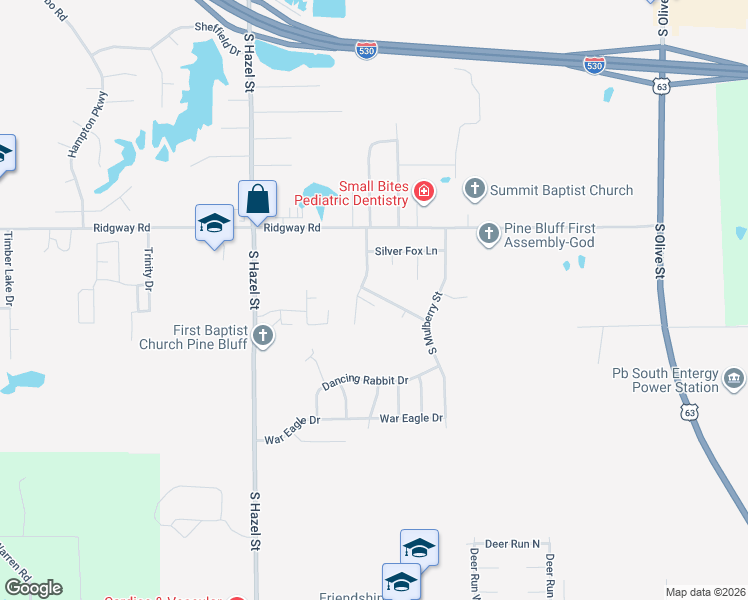 map of restaurants, bars, coffee shops, grocery stores, and more near 1502 Blackhawk Ridge Lane in Pine Bluff