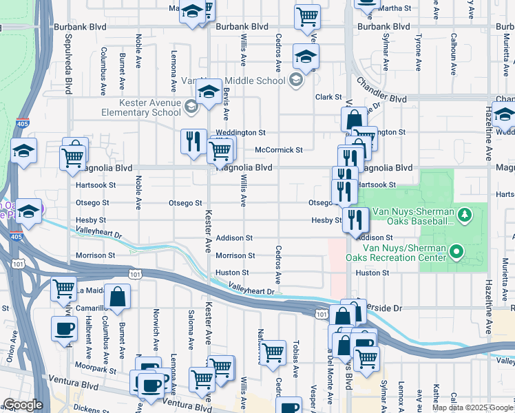 map of restaurants, bars, coffee shops, grocery stores, and more near 14738 Otsego Street in Los Angeles