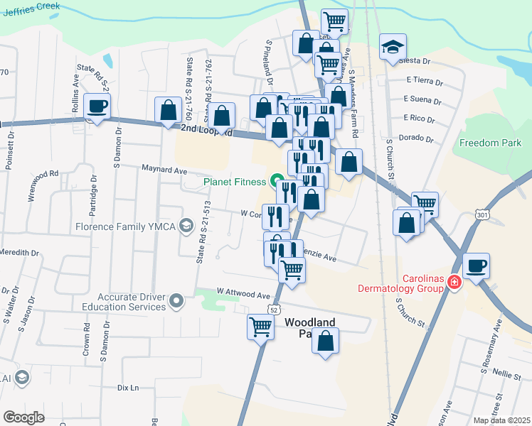 map of restaurants, bars, coffee shops, grocery stores, and more near 204 West Conyers Avenue in Florence
