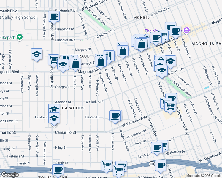 map of restaurants, bars, coffee shops, grocery stores, and more near 829 North Valley Street in Burbank