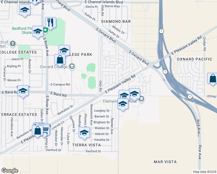 map of restaurants, bars, coffee shops, grocery stores, and more near 2140 Robin Avenue in Oxnard