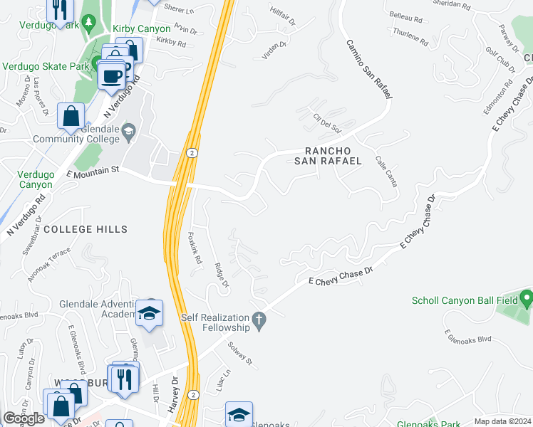 map of restaurants, bars, coffee shops, grocery stores, and more near 956 Calle Amable in Glendale