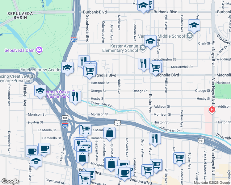 map of restaurants, bars, coffee shops, grocery stores, and more near 15110 Otsego Street in Los Angeles