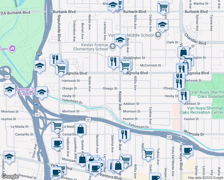 map of restaurants, bars, coffee shops, grocery stores, and more near 14930 Otsego Street in Los Angeles