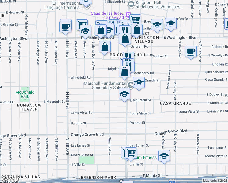 map of restaurants, bars, coffee shops, grocery stores, and more near 1745 East Mountain Street in Pasadena