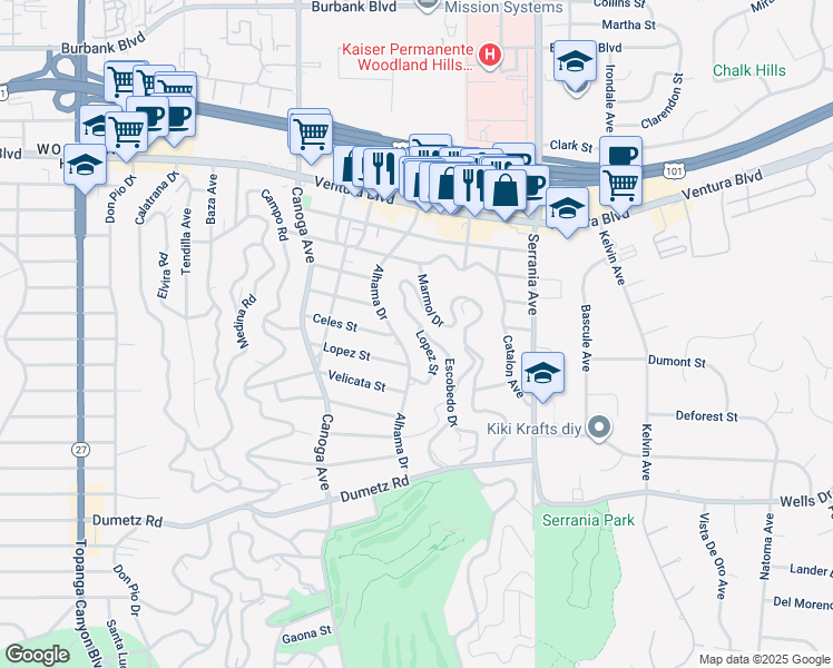 map of restaurants, bars, coffee shops, grocery stores, and more near 21115 Lopez Street in Los Angeles