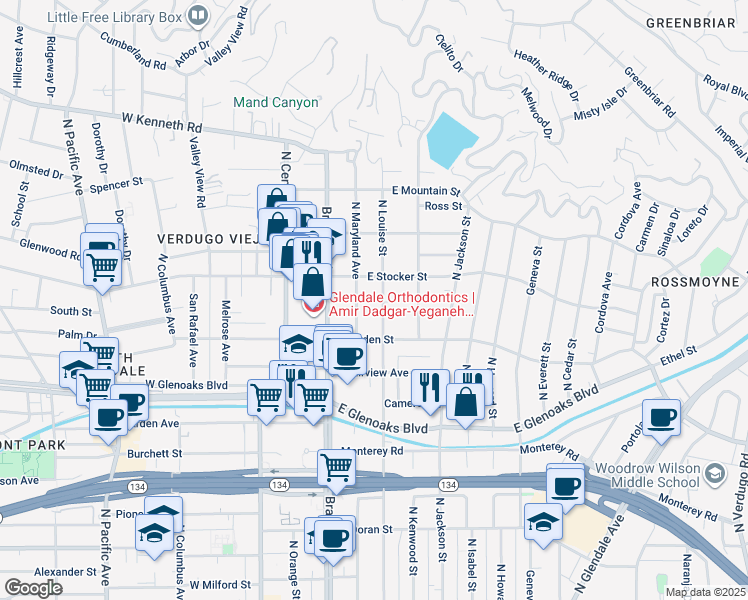 map of restaurants, bars, coffee shops, grocery stores, and more near 1137 North Louise Street in Glendale