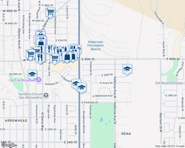 map of restaurants, bars, coffee shops, grocery stores, and more near 3907 Parkside Drive in San Bernardino