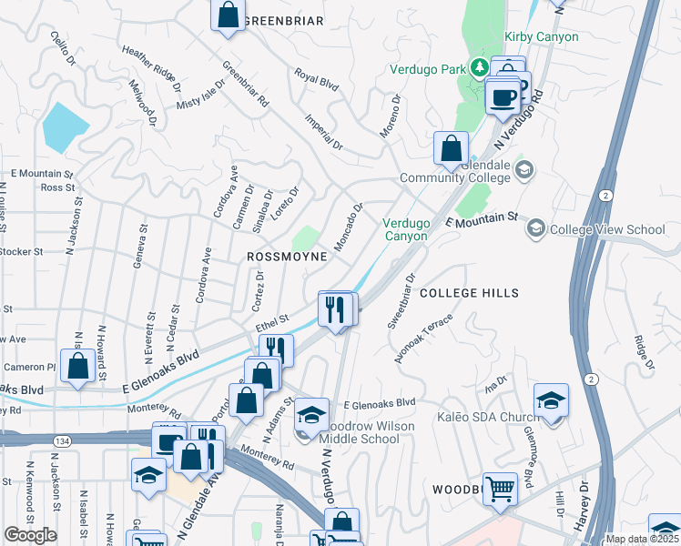map of restaurants, bars, coffee shops, grocery stores, and more near 1229 Ethel Street in Glendale