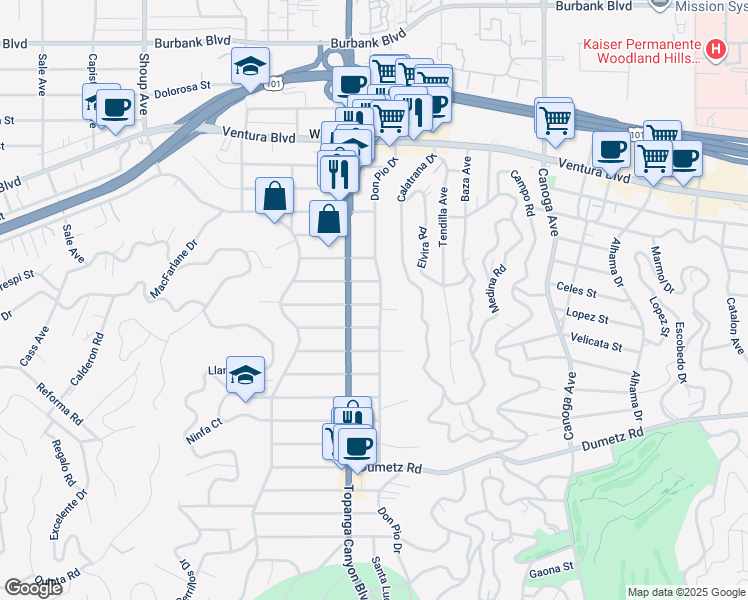 map of restaurants, bars, coffee shops, grocery stores, and more near 5131 Don Pio Drive in Los Angeles