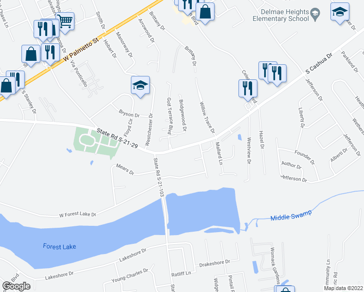 map of restaurants, bars, coffee shops, grocery stores, and more near 3133 South Cashua Drive in Florence