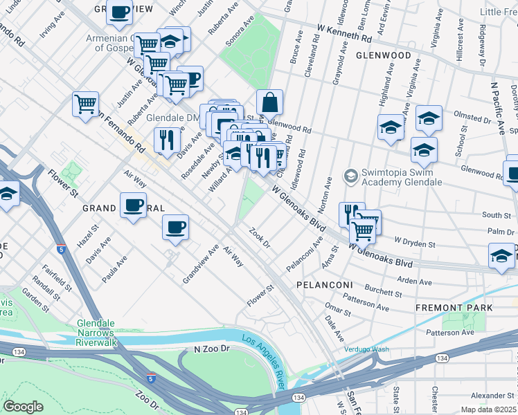 map of restaurants, bars, coffee shops, grocery stores, and more near 850 Cleveland Road in Glendale