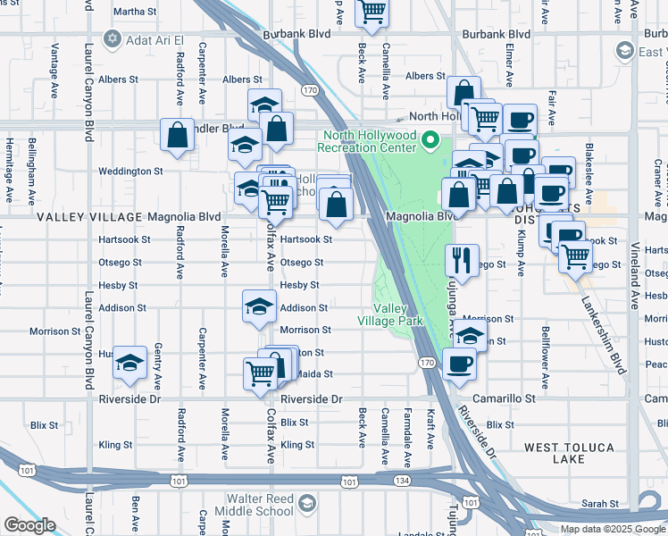 map of restaurants, bars, coffee shops, grocery stores, and more near 11576 Otsego Street in Los Angeles