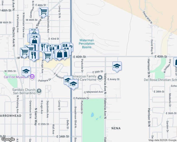 map of restaurants, bars, coffee shops, grocery stores, and more near 544 East 39th Street in San Bernardino