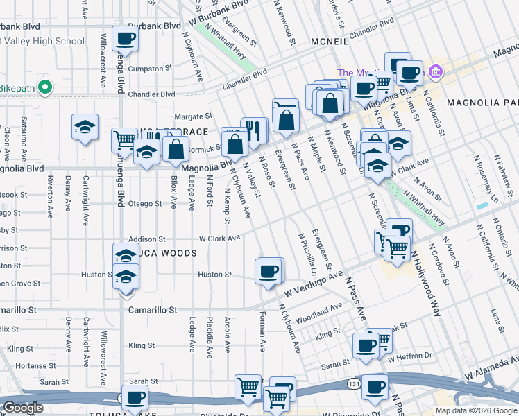 map of restaurants, bars, coffee shops, grocery stores, and more near 829 North Valley Street in Burbank