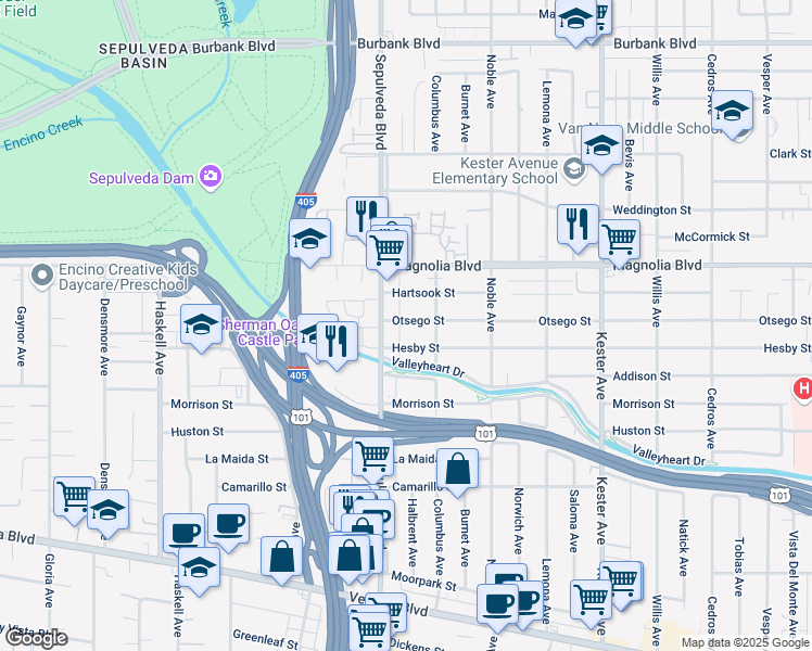 map of restaurants, bars, coffee shops, grocery stores, and more near 15237 Hesby Street in Los Angeles