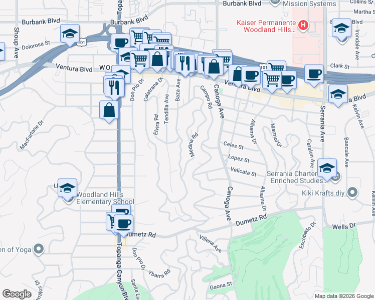 map of restaurants, bars, coffee shops, grocery stores, and more near 5177 Medina Road in Los Angeles