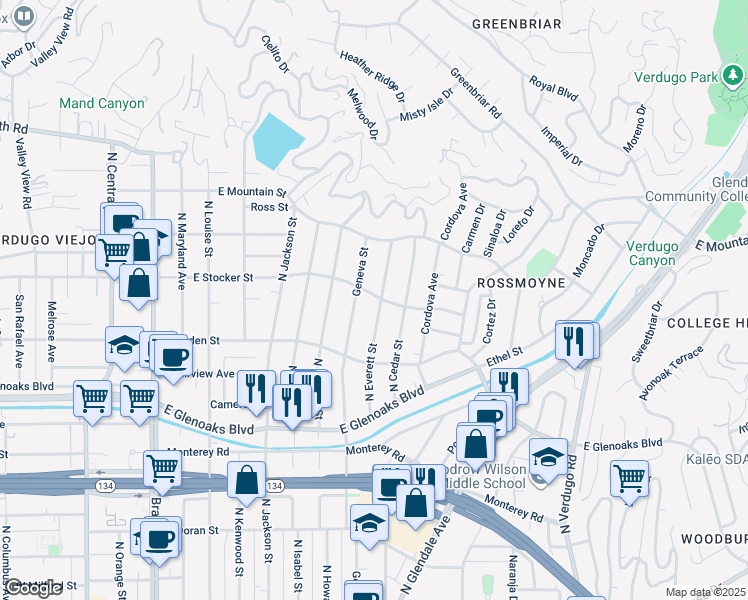 map of restaurants, bars, coffee shops, grocery stores, and more near 1161 North Everett Street in Glendale